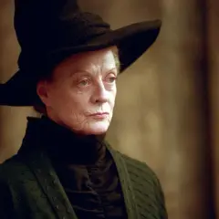 Profesor Minerwa McGonagall w czarnym kapeluszu i szacie, z surowym wyrazem twarzy, gotowa do działania.
