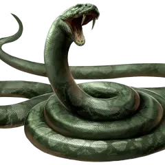 Zielony wąż z otwartą paszczą, przypominający Nagini z Harry'ego Pottera, wijący się na czarnym tle.