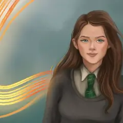 Astoria Greengrass, w szacie Slytherinu, z magicznymi, świetlistymi smugami za plecami.