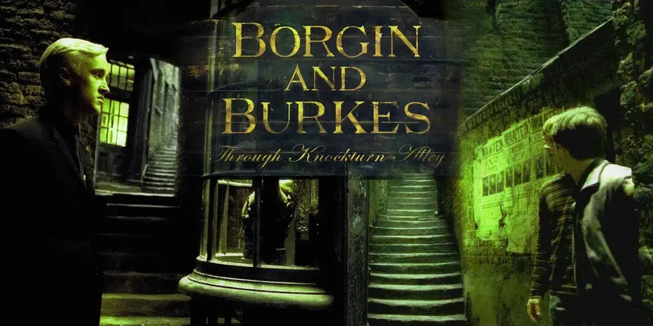 Mroczna uliczka z napisem "Borgin and Burkes" i schodami. Po lewej Draco Malfoy, po prawej Harry Potter.