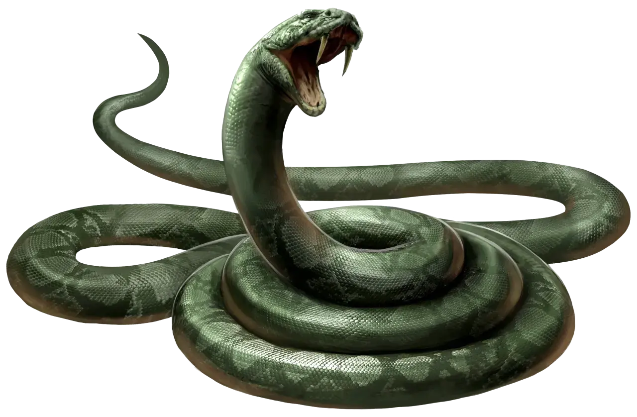Zielony wąż z otwartą paszczą, przypominający Nagini z Harry'ego Pottera, wijący się na czarnym tle.